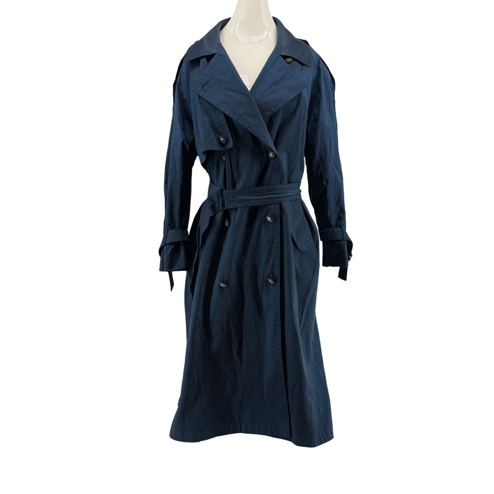 London Fog Blue Trench Coat Women's 8 Petite Double Breasted Belted